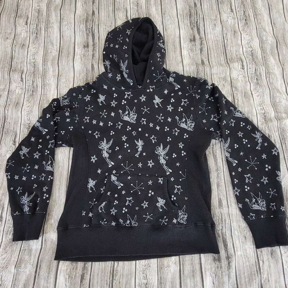 Disney Tinker Bell Hoodie Girls Size XL Black Tinkerbell All Over Print Pullover